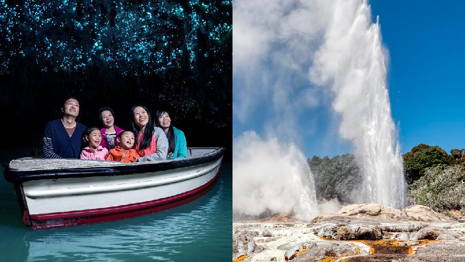 Visit two of the North Islands most popular attractions in one day - Waitomo Glowworm Caves and Te Puia Geothermal Park and Maori Village in Rotorua. 