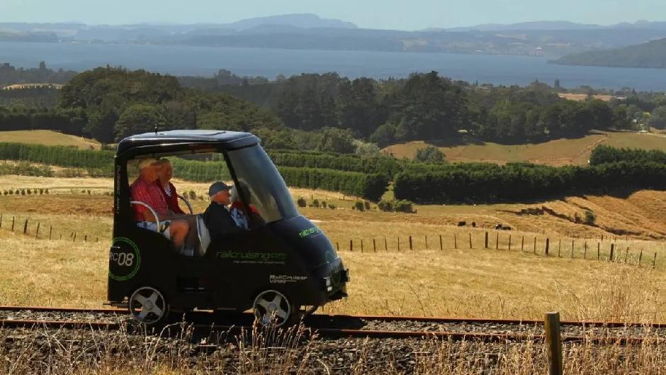 Hop aboard your own self-drive railway car and enjoy epic 360-degree views of Lake Rotorua and rolling farmland.