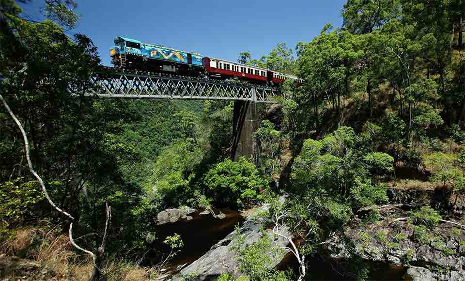 Take a day out from Cairns by taking the Skyrail Rainforest Cableway over the Rainforest Canopy, spending time in Kuranda Village. Then later boarding the Kuranda Train, the Kuranda Scenic Railway, for the journey home