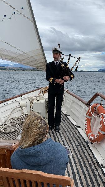 Even bag piping for the Scottish guests on board!